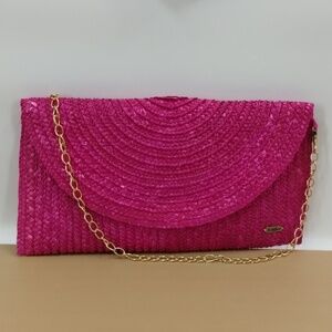Sun n Sand straw woven clutch purse pink detachable chain strap 14"